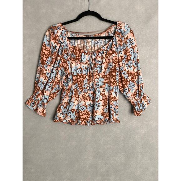 Free People Women's XS Floral Puff Sleeve Peplum Top - Picture 1 of 8